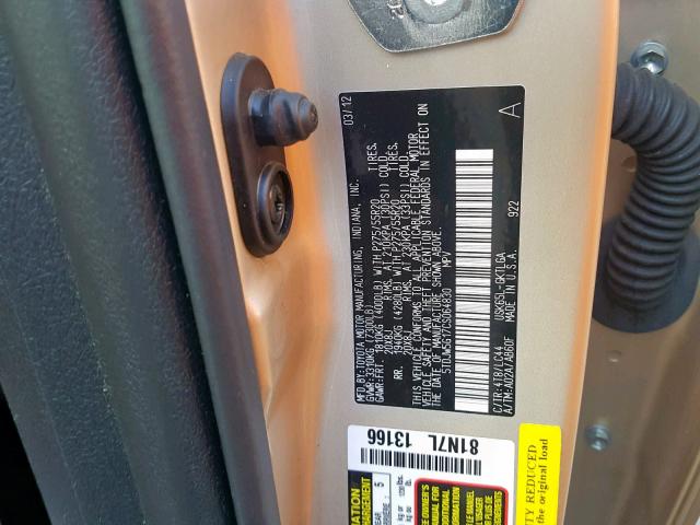 5TDJW5G17CS064830 - 2012 TOYOTA SEQUOIA LI GOLD photo 10