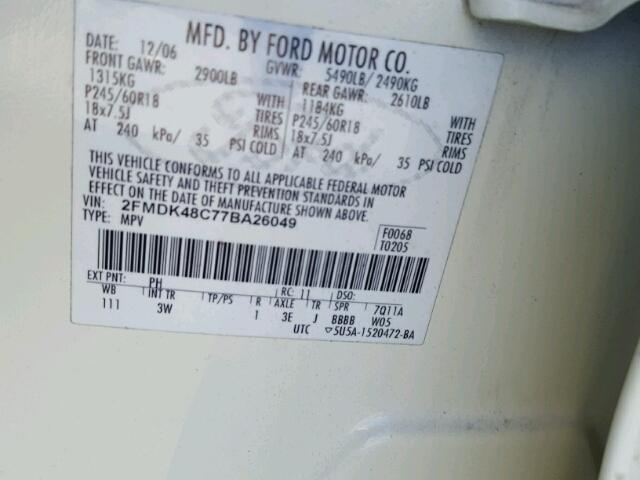 2FMDK48C77BA26049 - 2007 FORD EDGE SEL WHITE photo 10