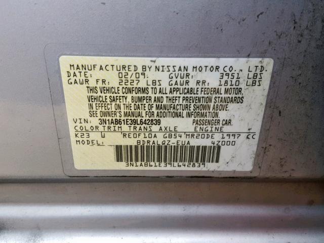 3N1AB61E39L642839 - 2009 NISSAN SENTRA 2.0 SILVER photo 10