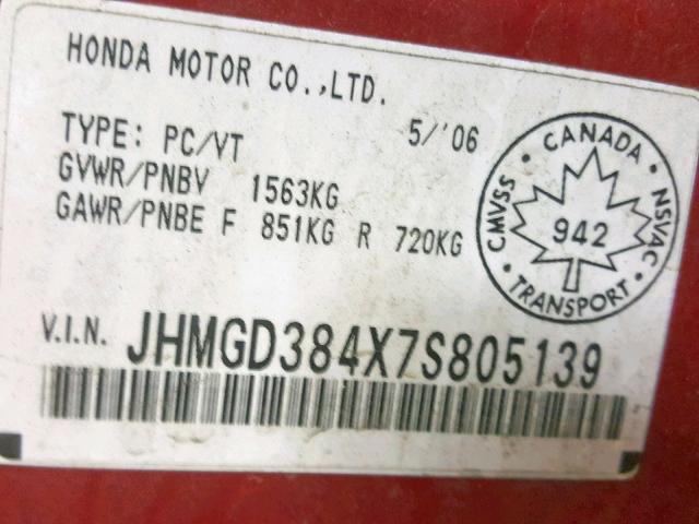 JHMGD384X7S805139 - 2007 HONDA FIT RED photo 10