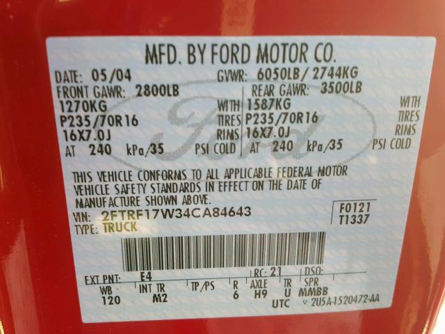 2FTRF17W34CA84643 - 2004 FORD F-150 HERI RED photo 10