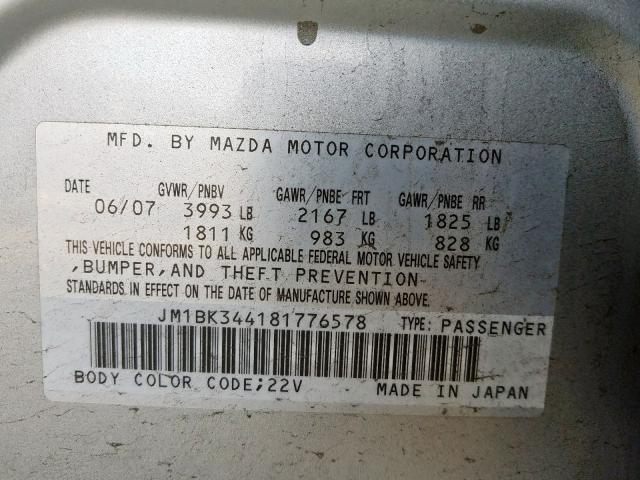 JM1BK344181776578 - 2008 MAZDA 3 HATCHBACK  photo 10