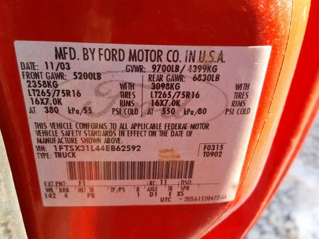 1FTSX31L44EB62592 - 2004 FORD F350 SRW S RED photo 10