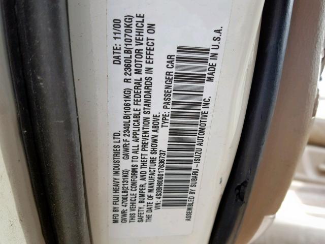 4S3BH806017636737 - 2001 SUBARU LEGACY OUT WHITE photo 10