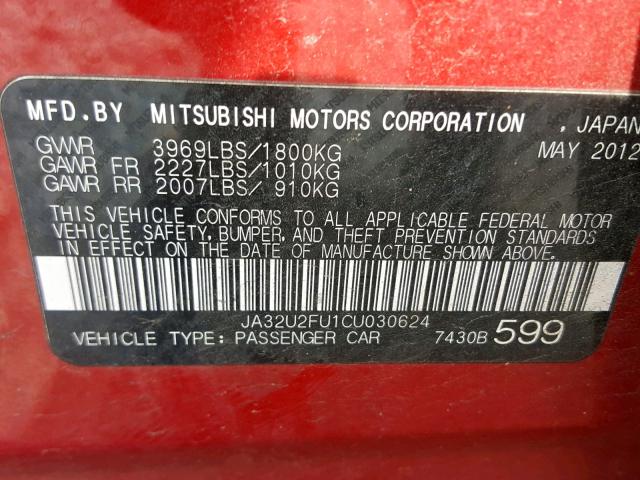 JA32U2FU1CU030624 - 2012 MITSUBISHI LANCER ES/ RED photo 10