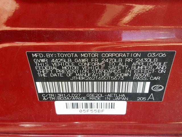 JTHBK262165015673 - 2006 LEXUS IS 250 RED photo 10