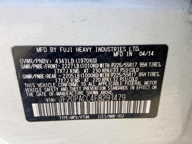 JF2GPACC4E8293479 - 2014 SUBARU XV CROSSTR WHITE photo 10