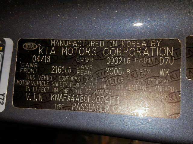 KNAFX4A80E5074141 - 2014 KIA FORTE EX BLUE photo 10