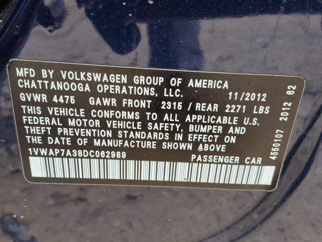 1VWAP7A38DC062989 - 2013 VOLKSWAGEN PASSAT S BLUE photo 10