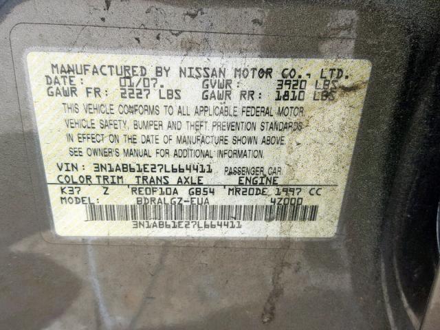 3N1AB61E27L664411 - 2007 NISSAN SENTRA 2.0 CHARCOAL photo 10