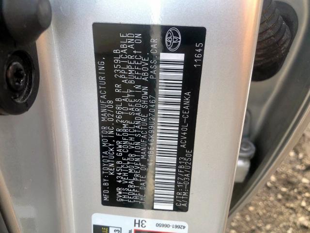 4T1BE46K99U270467 - 2009 TOYOTA CAMRY BASE SILVER photo 10