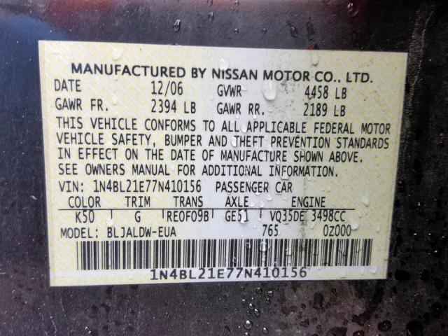 1N4BL21E77N410156 - 2007 NISSAN ALTIMA 3.5 GRAY photo 10