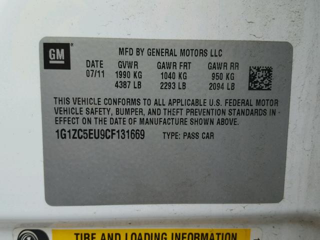 1G1ZC5EU9CF131669 - 2012 CHEVROLET MALIBU 1LT WHITE photo 10