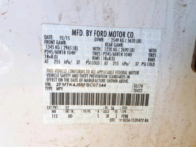 2FMTK4J85FBC07344 - 2015 FORD EDGE SEL WHITE photo 10