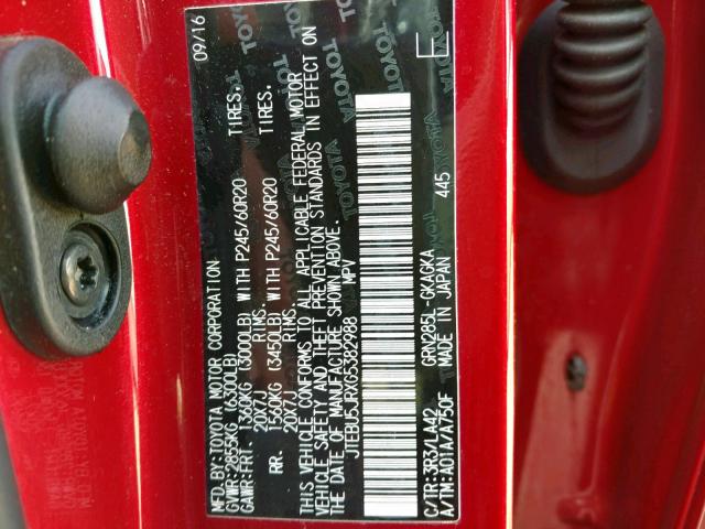 JTEBU5JRXG5382988 - 2016 TOYOTA 4RUNNER SR RED photo 10