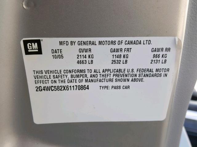 2G4WC582X61170864 - 2006 BUICK LACROSSE C SILVER photo 10