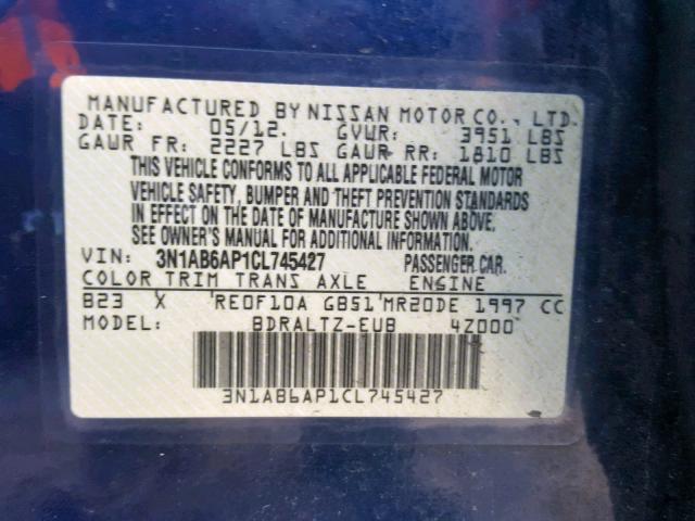 3N1AB6AP1CL745427 - 2012 NISSAN SENTRA 2.0 BLUE photo 10