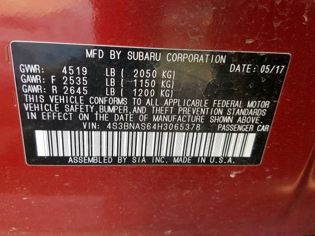 4S3BNAS64H3065378 - 2017 SUBARU LEGACY SPO RED photo 10