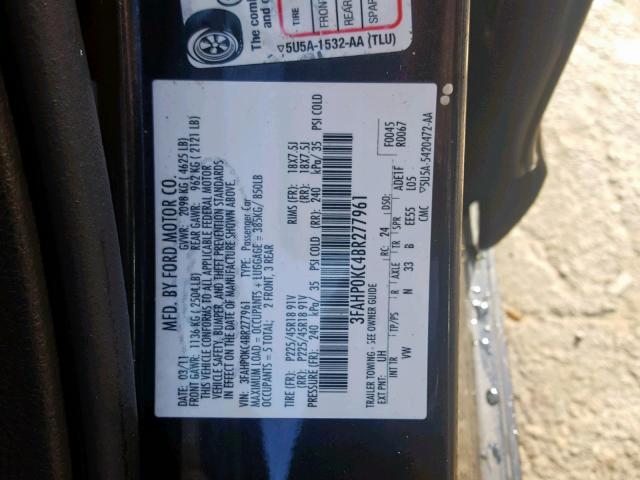 3FAHP0KC4BR277961 - 2011 FORD FUSION SPO BLACK photo 10