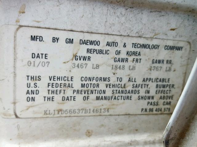 KL1TD56637B146134 - 2007 CHEVROLET AVEO BASE Ağ foto 10