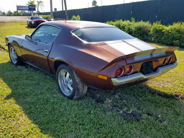 1Q87KCV101712 - 1973 CHEVROLET CAMARO RS BROWN photo 3