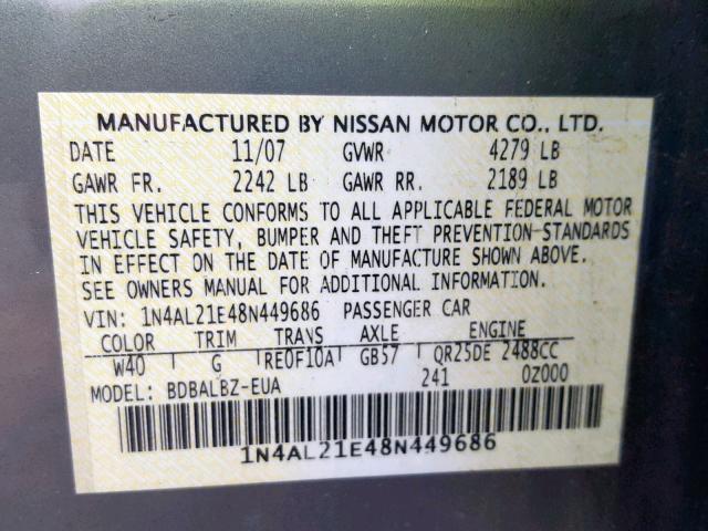 1N4AL21E48N449686 - 2008 NISSAN ALTIMA 2.5 GRAY photo 10