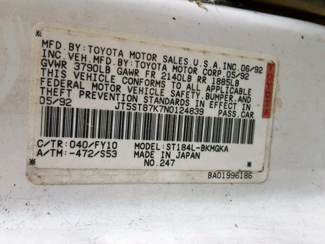 JT5ST87K7N0124839 - 1992 TOYOTA CELICA GT WHITE photo 10