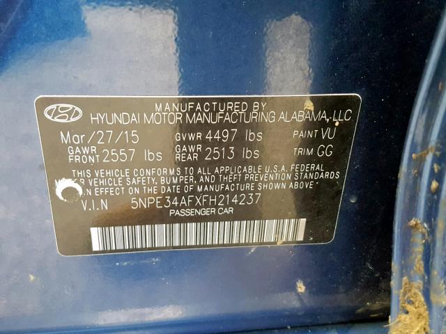 5NPE34AFXFH214237 - 2015 HYUNDAI SONATA SPO BLUE photo 10