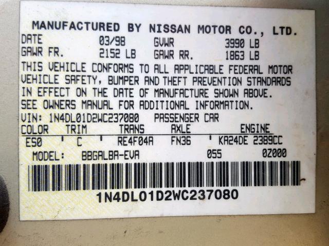 1N4DL01D2WC237080 - 1998 NISSAN ALTIMA XE GOLD photo 10