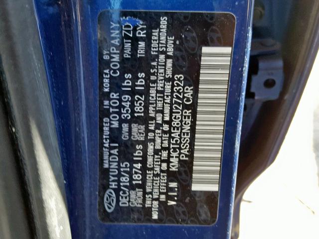 KMHCT5AE8GU272323 - 2016 HYUNDAI ACCENT SE BLUE photo 10