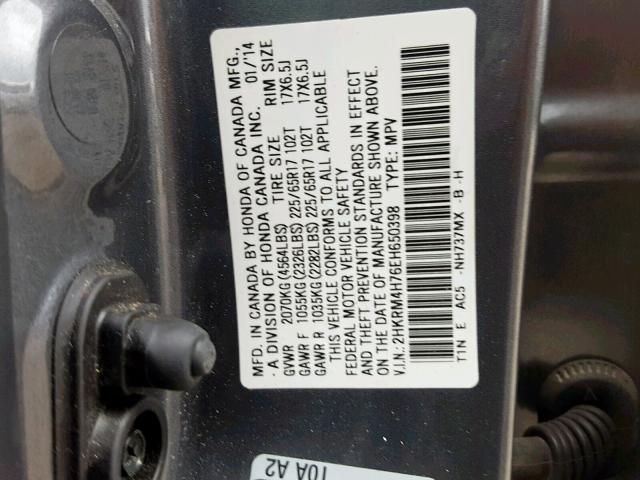 2HKRM4H76EH650398 - 2014 HONDA CR-V EXL GRAY photo 10