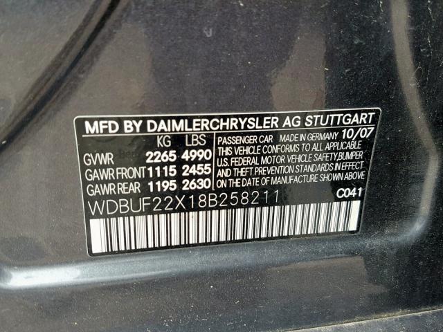 WDBUF22X18B258211 - 2008 MERCEDES-BENZ E 320 CDI GRAY photo 10