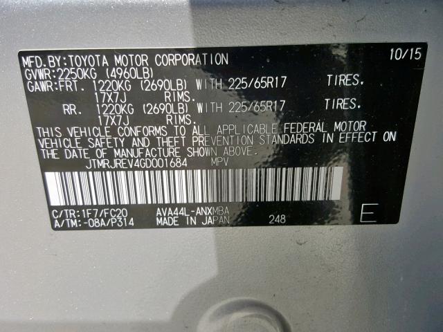 JTMRJREV4GD001684 - 2016 TOYOTA RAV4 HV XL SILVER photo 10