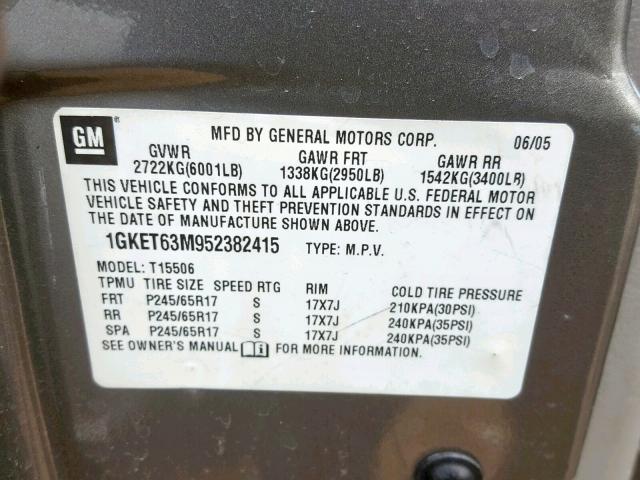 1GKET63M952382415 - 2005 GMC ENVOY DENA SILVER photo 10