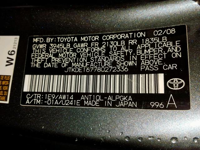 JTKDE167780272336 - 2008 TOYOTA SCION TC ლურჯი ფოტო 10