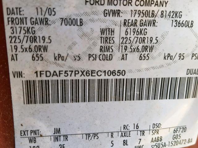 1FDAF57PX6EC10650 - 2006 FORD F550 SUPER RED photo 10