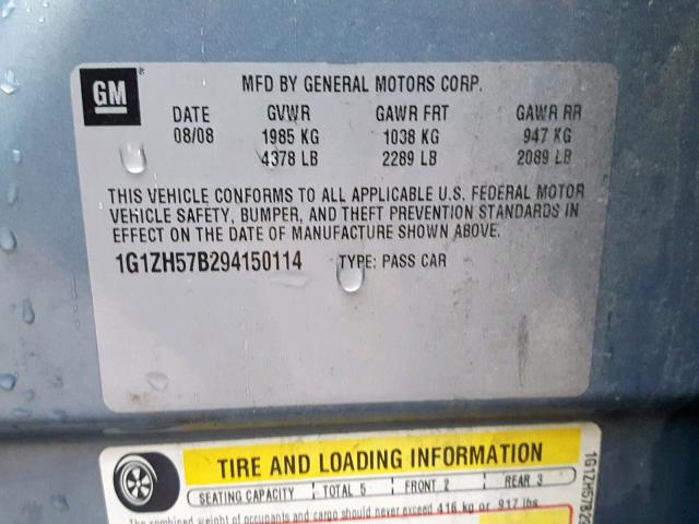 1G1ZH57B294150114 - 2009 CHEVROLET MALIBU 1LT ნაცრისფერი ფოტო 10