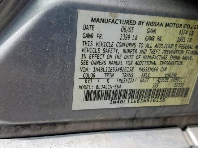 1N4BL11E65N926158 - 2005 NISSAN ALTIMA SE GRAY photo 10