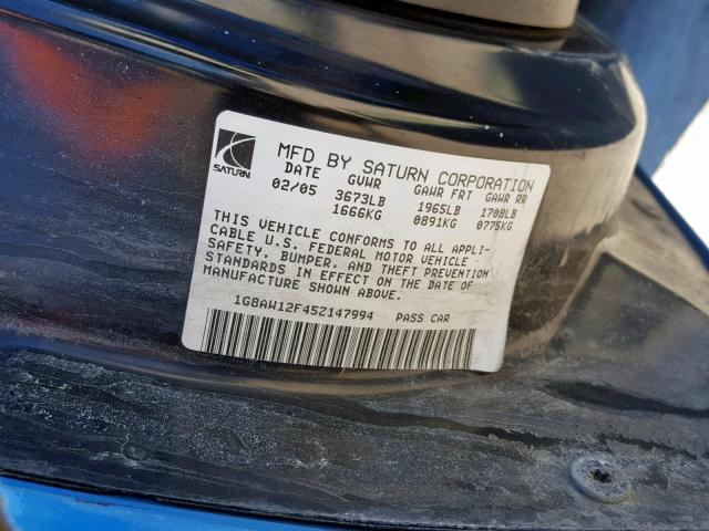 1G8AW12F45Z147994 - 2005 SATURN ION LEVEL BLUE photo 10