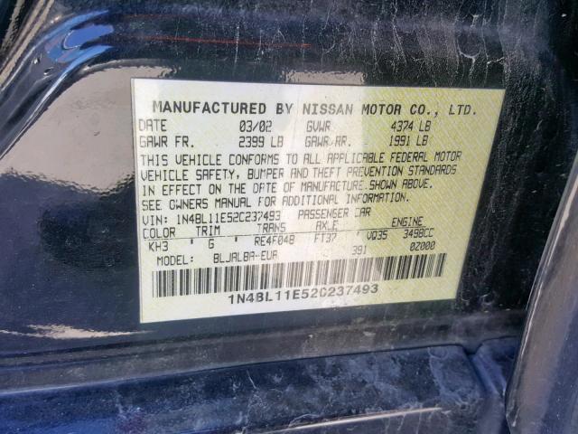 1N4BL11E52C237493 - 2002 NISSAN ALTIMA SE BLACK photo 10