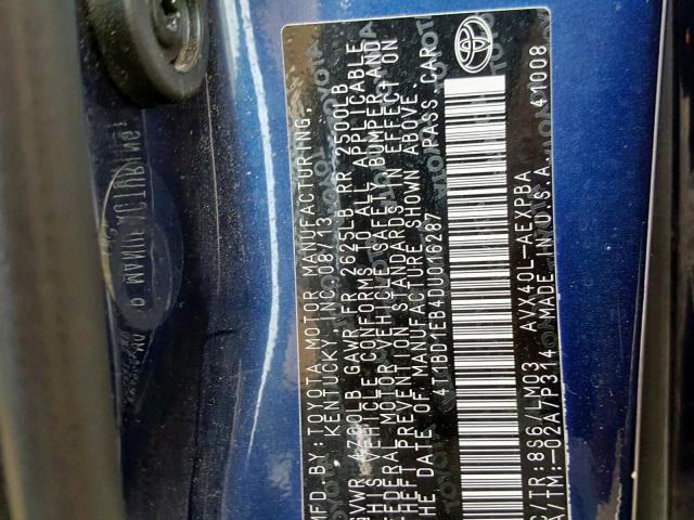 4T1BD1EB4DU016287 - 2013 TOYOTA AVALON HYB BLUE photo 10