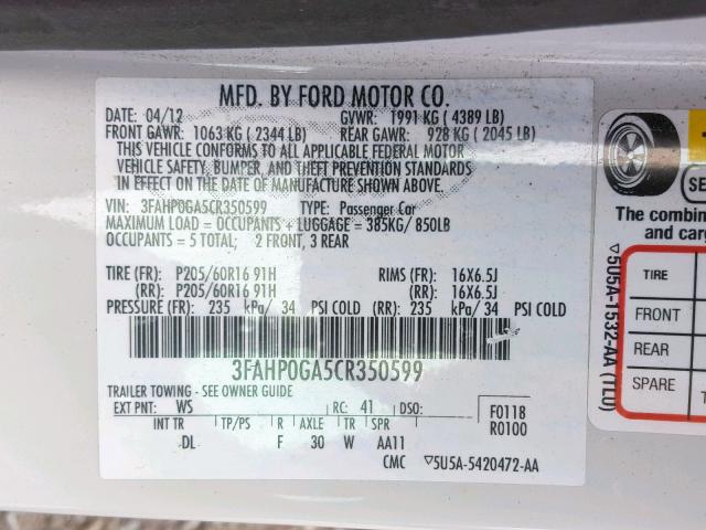 3FAHP0GA5CR350599 - 2012 FORD FUSION S WHITE photo 10