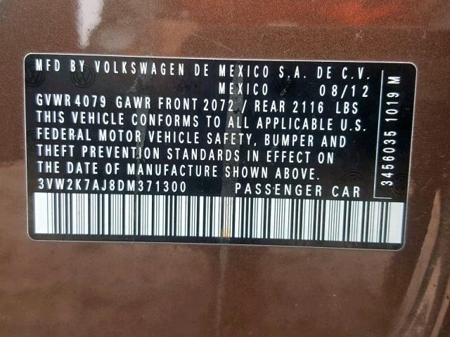 3VW2K7AJ8DM371300 - 2013 VOLKSWAGEN JETTA BASE BROWN photo 10