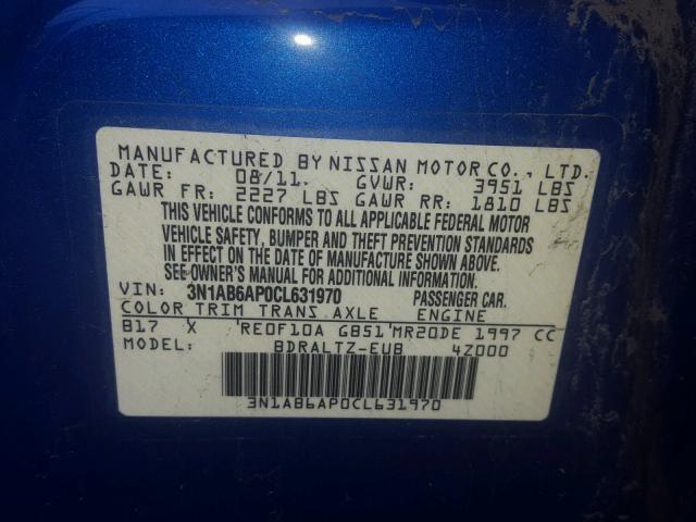 3N1AB6AP0CL631970 - 2012 NISSAN SENTRA 2.0 BLUE photo 10