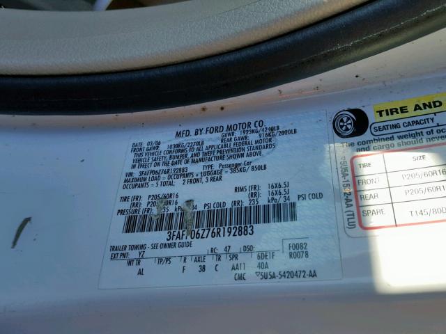 3FAFP06Z76R192883 - 2006 FORD FUSION S WHITE photo 10