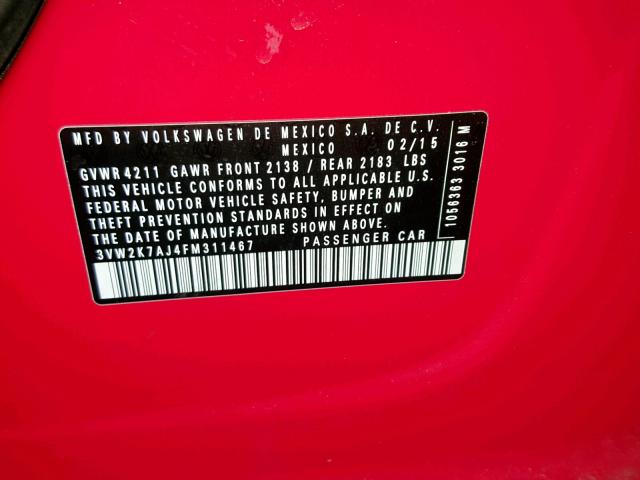 3VW2K7AJ4FM311467 - 2015 VOLKSWAGEN JETTA BASE RED photo 10