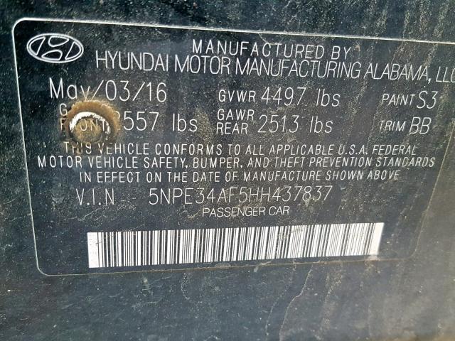 5NPE34AF5HH437837 - 2017 HYUNDAI SONATA SPO BLACK photo 10