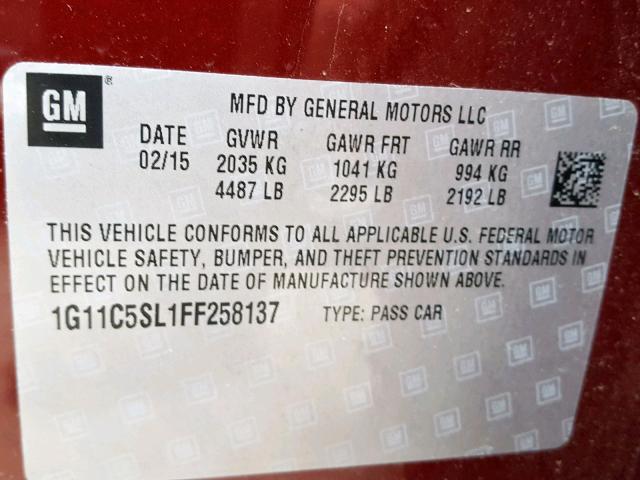 1G11C5SL1FF258137 - 2015 CHEVROLET MALIBU 1LT 栗色 照片 10