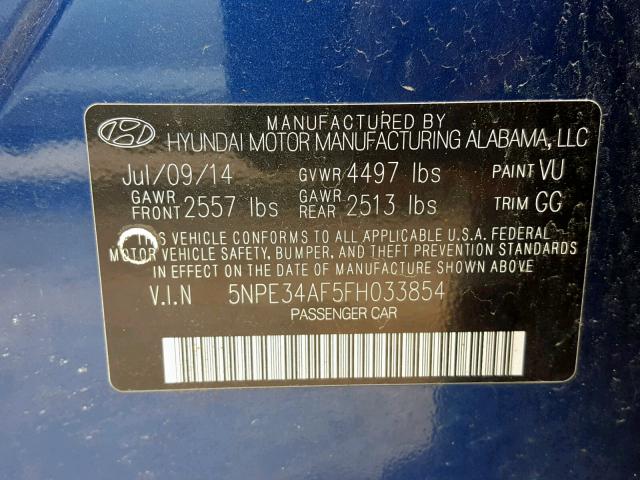 5NPE34AF5FH033854 - 2015 HYUNDAI SONATA SPO BLUE photo 10