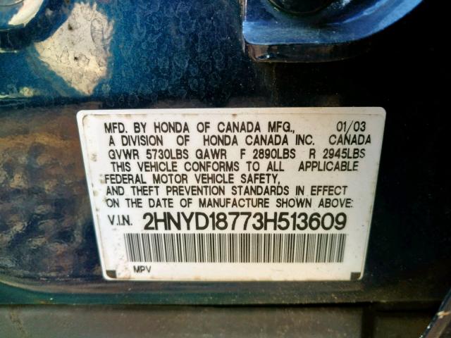 2HNYD18773H513609 - 2003 ACURA MDX TOURIN BLUE photo 10